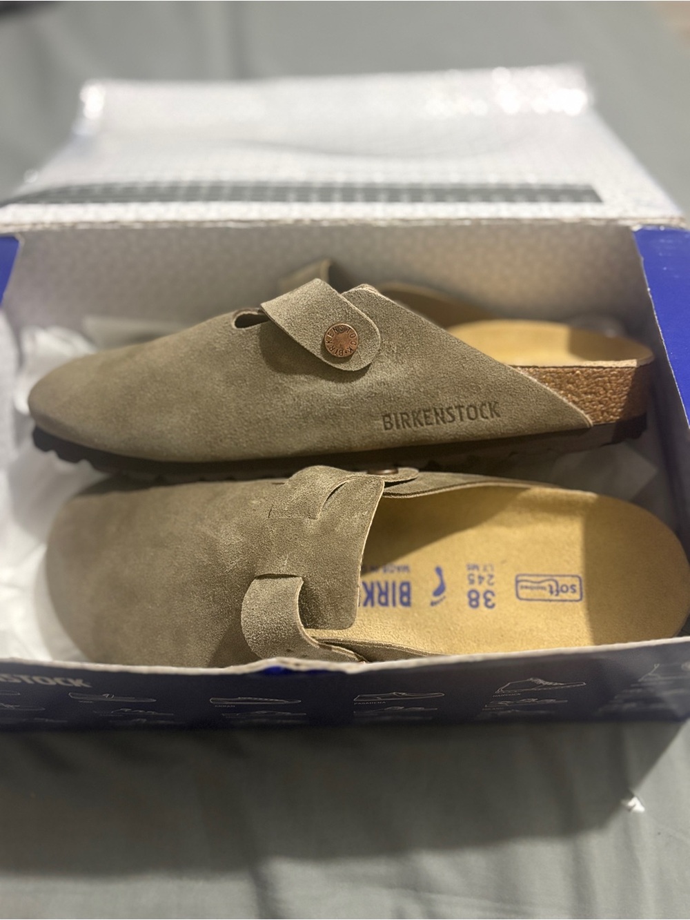 New Birkenstock Suede Clogs in Taupe